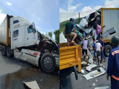 Video quay khoảnh khắc tài xế xe container chở theo vợ con tông đuôi ô tô tải tại Thừa Thiên Huế